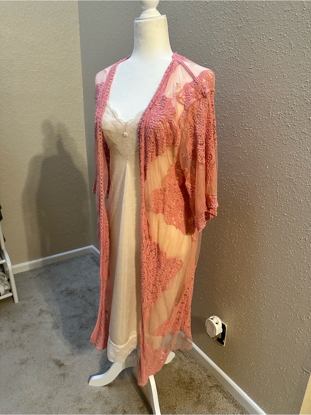 Long Open Front Sheer Lace Mesh Crochet Pink Layering Topper Kimono L/XL Boho